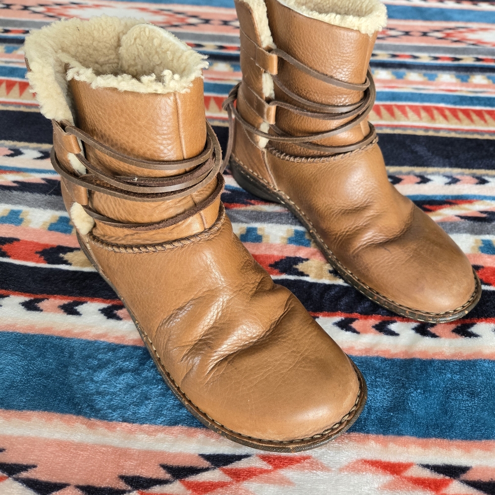 UGG Tan Leather Ankle Boots with Shearling Lining